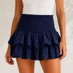 Reset Women Skort Skirt Smocked Eyelet Tiered Mini Navy Blue Small Ruffle